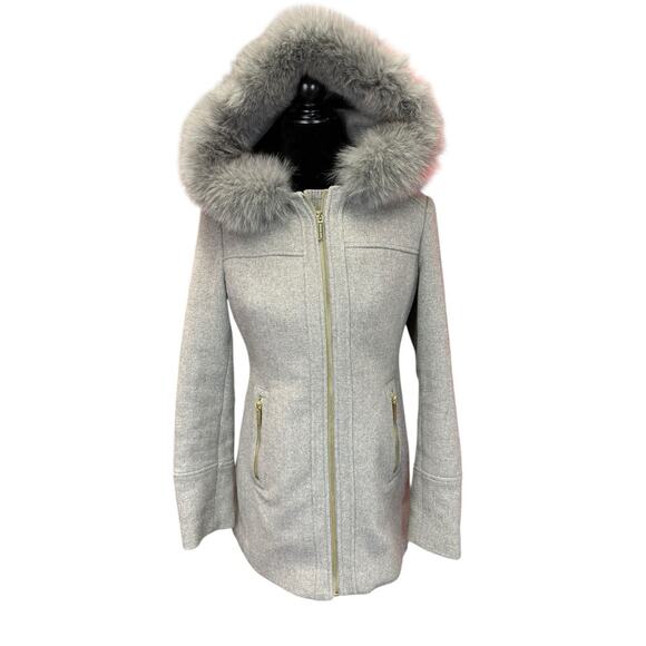 Michael Kors Gray Wool Blend Coat Real Fox Fur Trim Hood Zip Pockets Size M - Picture 1 of 13